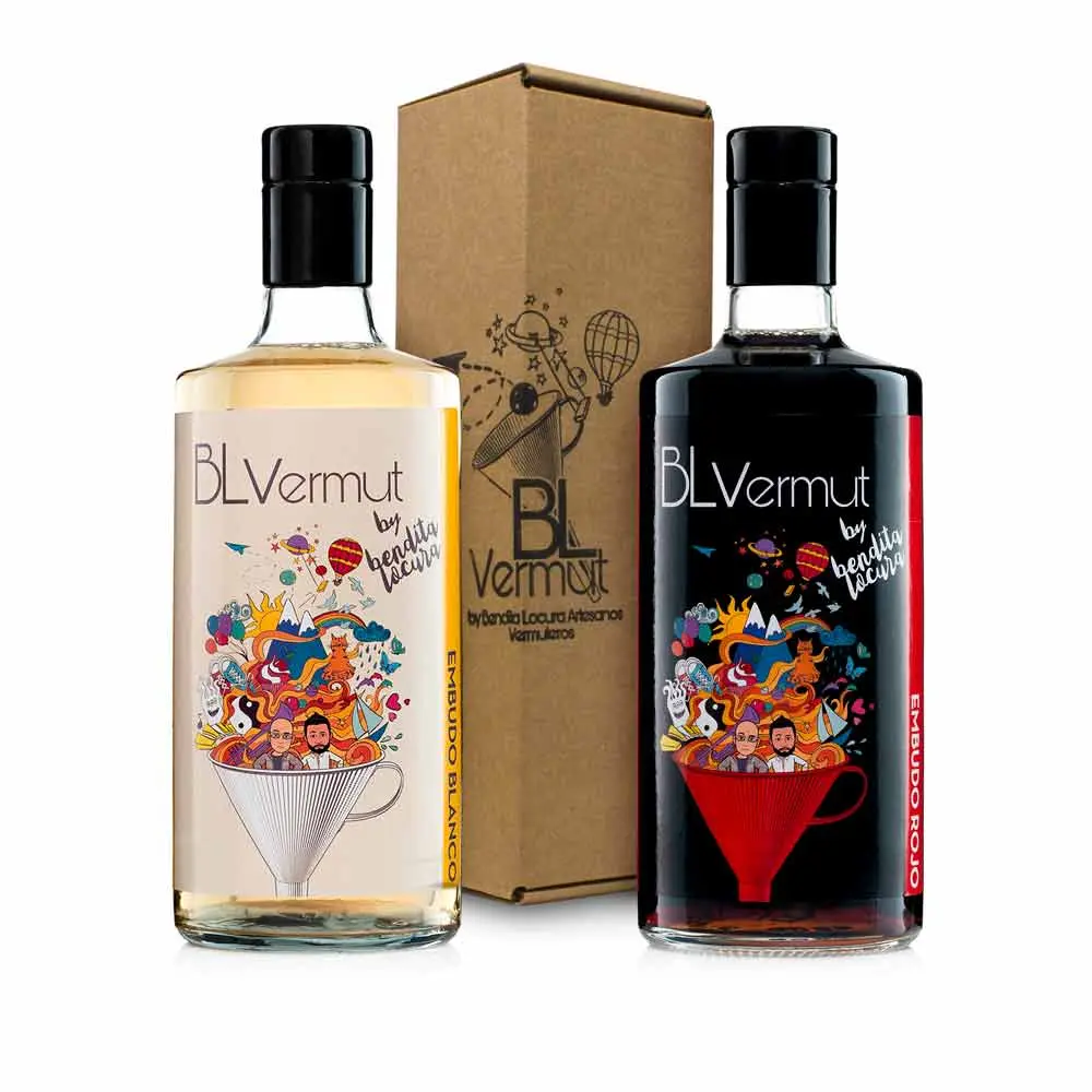 Pack de 2 botella de vermut rojo y blanco artesano presentado con caja de envio