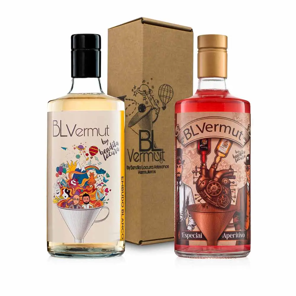 Pack de 2 botella de vermut blanco y mixto artesano presentado con caja de envio