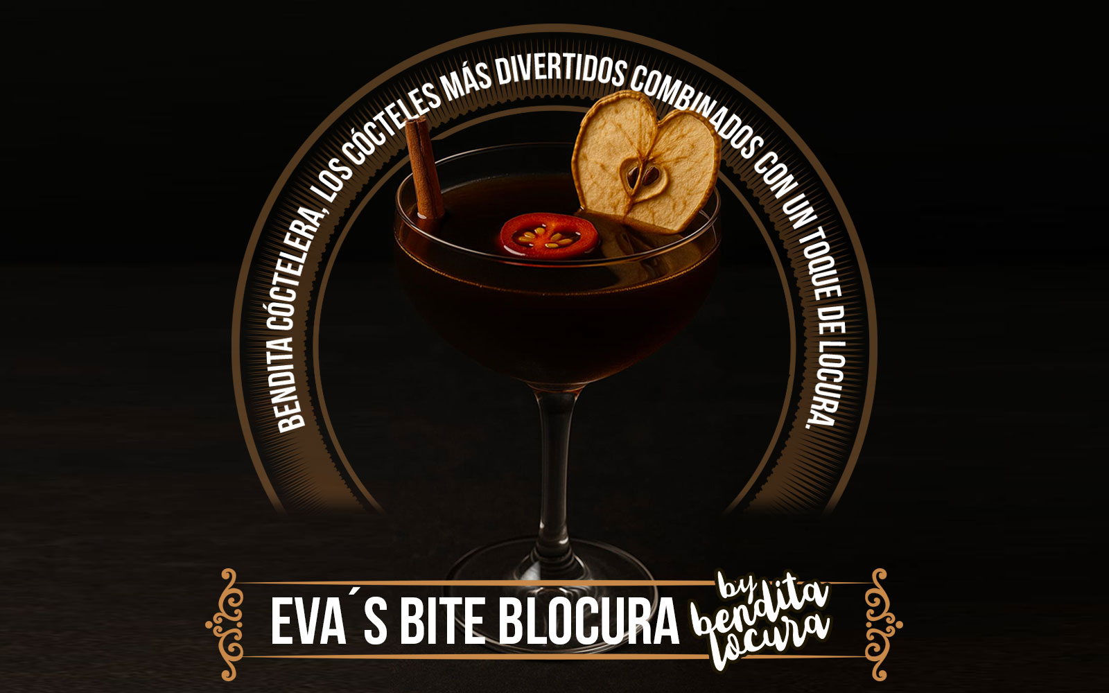 Presentación de coctel elaborado con vermut bendita locura en copa eva bite